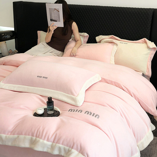 奶油风冬季加厚牛奶绒四件套防静电珊瑚绒床笠款床单简约刺绣床品