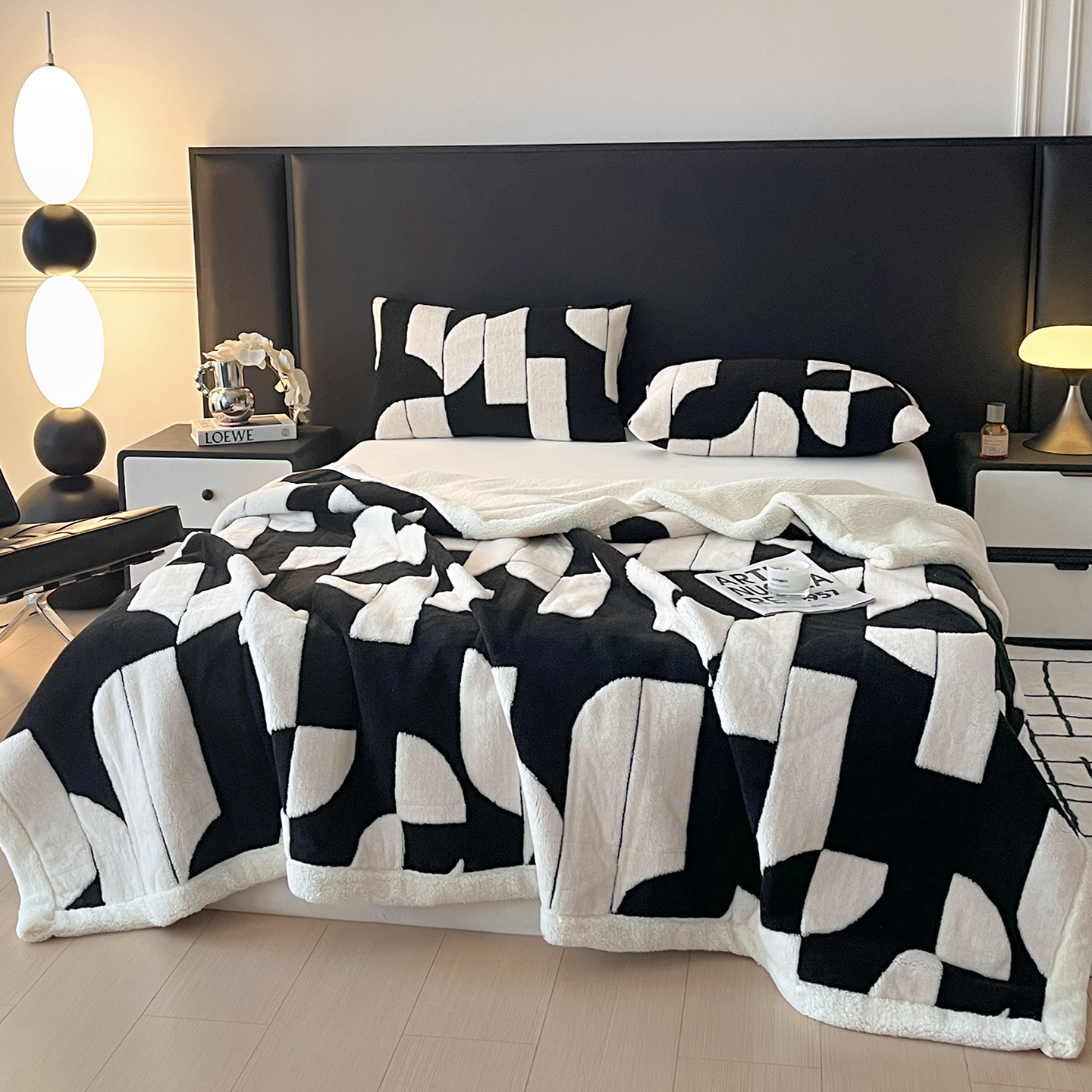 加厚双层毛毯子简约黑白色可机洗