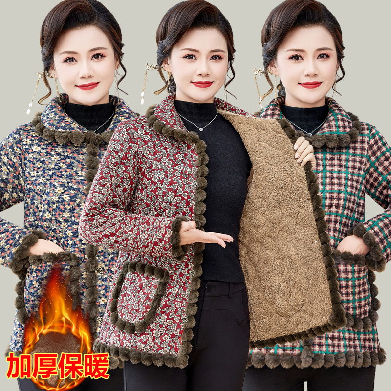 妈妈冬季新款加绒棉衣中老年