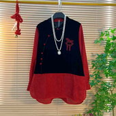 女装 拼色长袖 斜襟上衣宽松遮肚子胖妹妹复古风时尚 加大码 百搭小衫