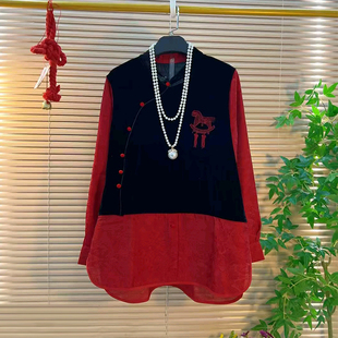 百搭小衫 加大码 斜襟上衣宽松遮肚子胖妹妹复古风时尚 拼色长袖 女装