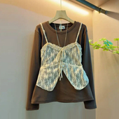 女装 拼色蕾丝吊带假两件上衣胖妹妹韩版 2026早春新款 大码 百搭小衫