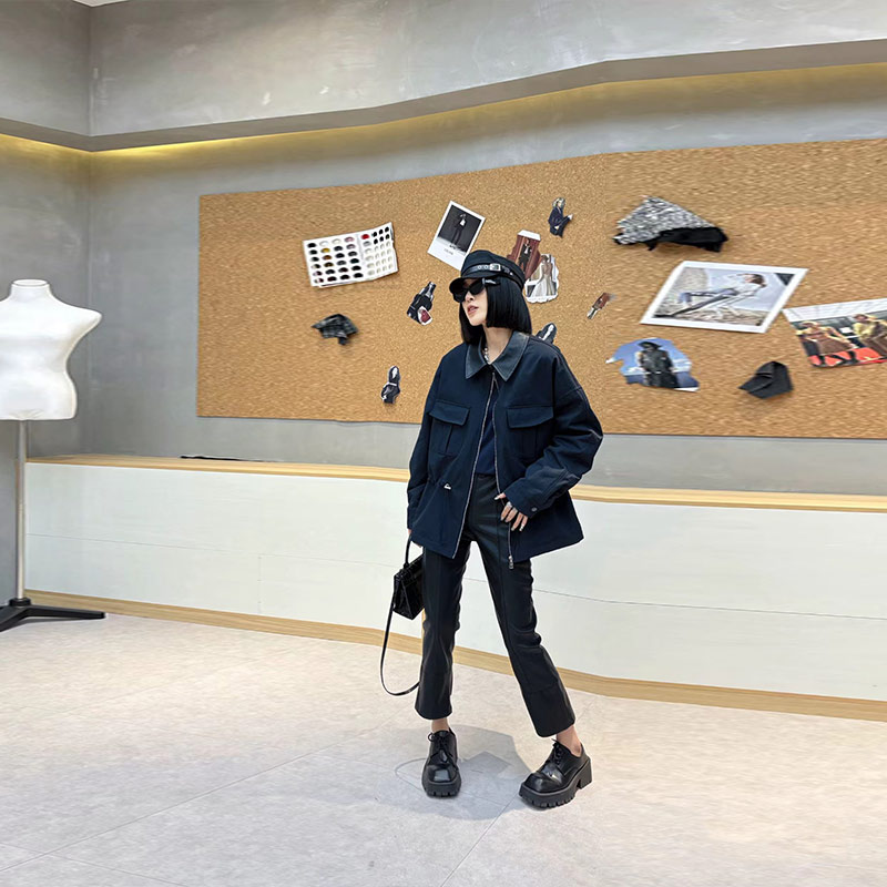 拼色翻领收腰长袖上衣