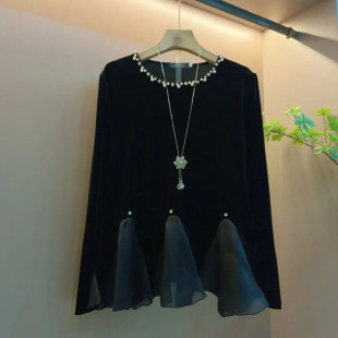 胖妹妹小衫 小众设计洋气黑色时尚 上衣法式 加肥女钉珠领拼底摆长袖