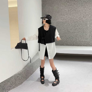 女装 春秋款 拼色肩长袖 胖妹妹欧货时尚 百搭宽松上衣 假两件衬衫 大码