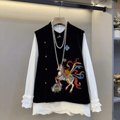 衬衫 加肥大码 口长袖 刺绣图案国风马甲胖妹妹白色简约荷叶边袖 女装