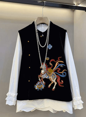 加肥大码女装刺绣图案国风马甲胖妹妹白色简约荷叶边袖口长袖衬衫