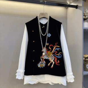 衬衫 加肥大码 口长袖 刺绣图案国风马甲胖妹妹白色简约荷叶边袖 女装