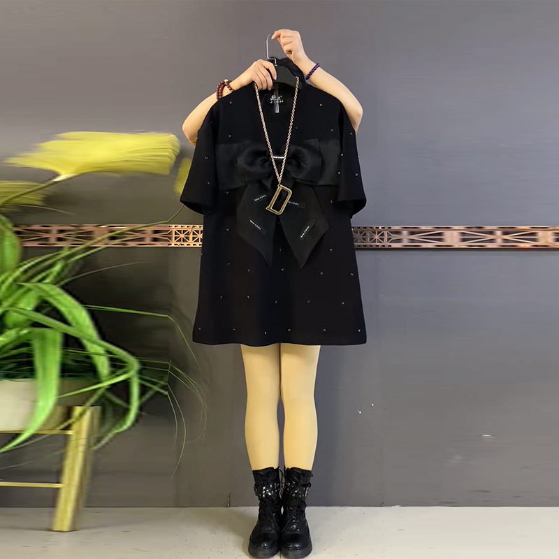 大码女装拼色蝴蝶结短袖上衣