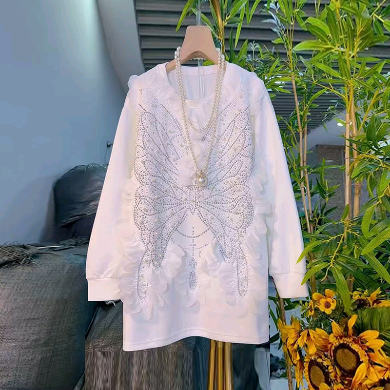 胖妹妹钉珠亮钻蝴蝶长袖上衣加肥宽松遮肚子大码女装百搭显瘦卫衣,女装/女士精品,大码内搭,淘宝优惠券,粉丝福利购,淘宝优惠卷