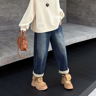 欧货百搭休闲长裤 加肥松紧腰加绒牛仔裤 秋冬款 女装 宽松遮肚子大码