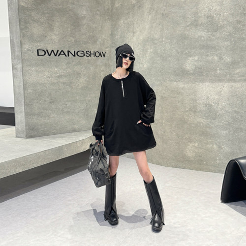 大码拉链圆领长袖上衣