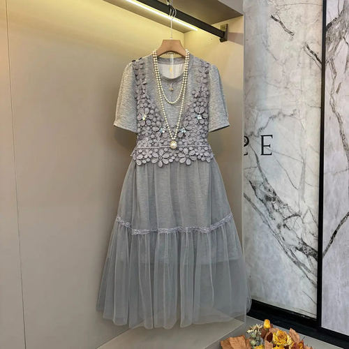 短袖T恤裙蕾丝肩网纱裙摆背心裙