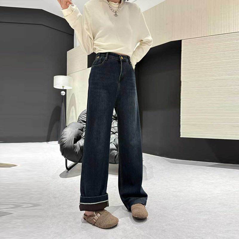 加肥后腰松紧加绒牛仔裤子