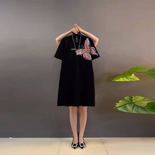 加肥拼色蝴蝶结圆领短袖连衣裙宽松遮肚子大码女装复古风洋气裙子