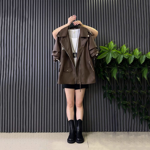 翻领拉链长袖机车皮外套