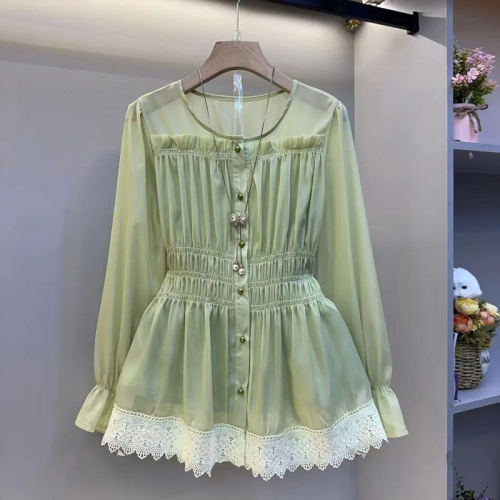 胖妹妹拼色蕾丝底摆长袖小衫