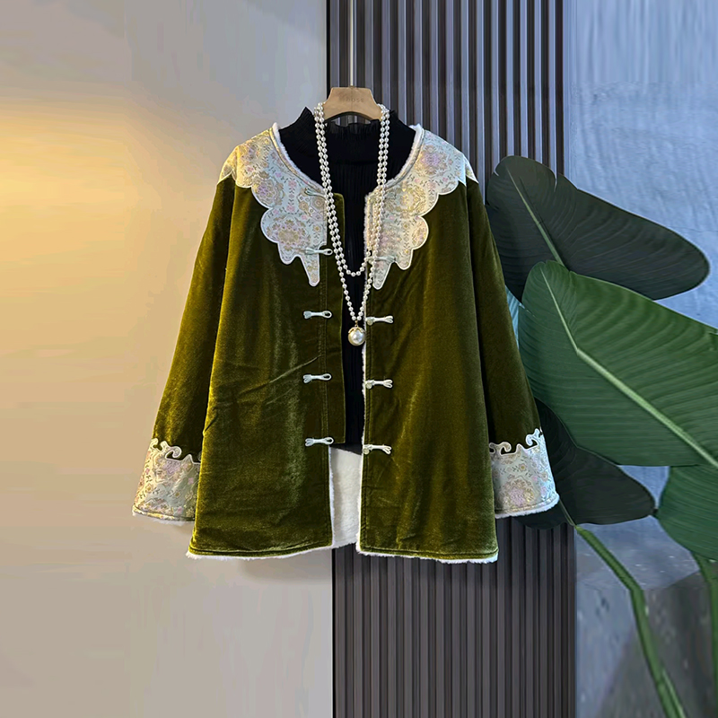 拼色花纹肩长袖盘扣丝绒棉服