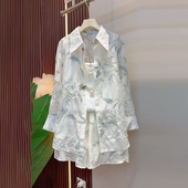 防晒衬衫 款 短裤 女装 加肥胖妹妹翻领长袖 夏季 大码 韩版 显瘦两件套潮