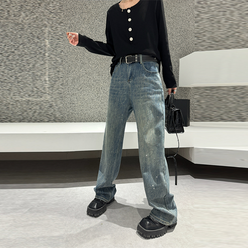 大码女装亮钻阔腿牛仔裤