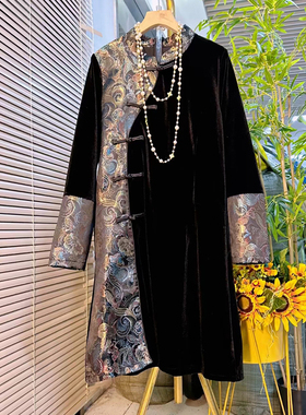 加肥立领盘扣中长款时尚复古风洋气AB版改良旗袍裙胖MM显瘦连衣裙