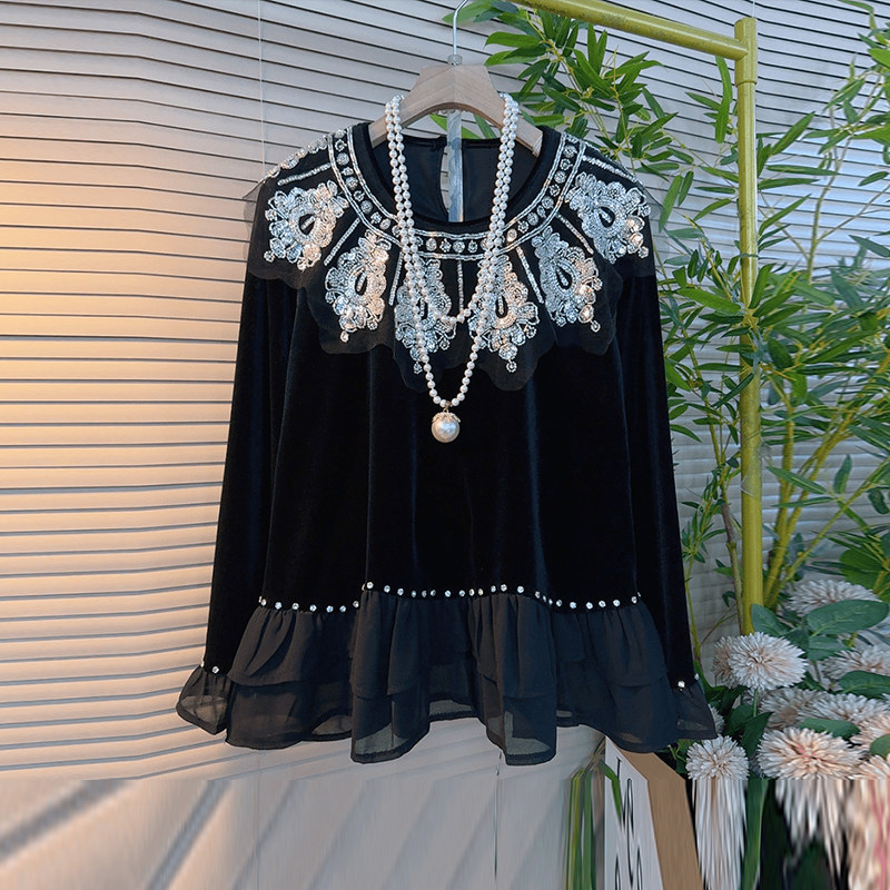 加肥亮钻蕾丝披肩领长袖上衣胖妹妹法式小众设计减龄显瘦洋气小衫,女装/女士精品,大码内搭,淘宝优惠券,粉丝福利购,淘宝优惠卷