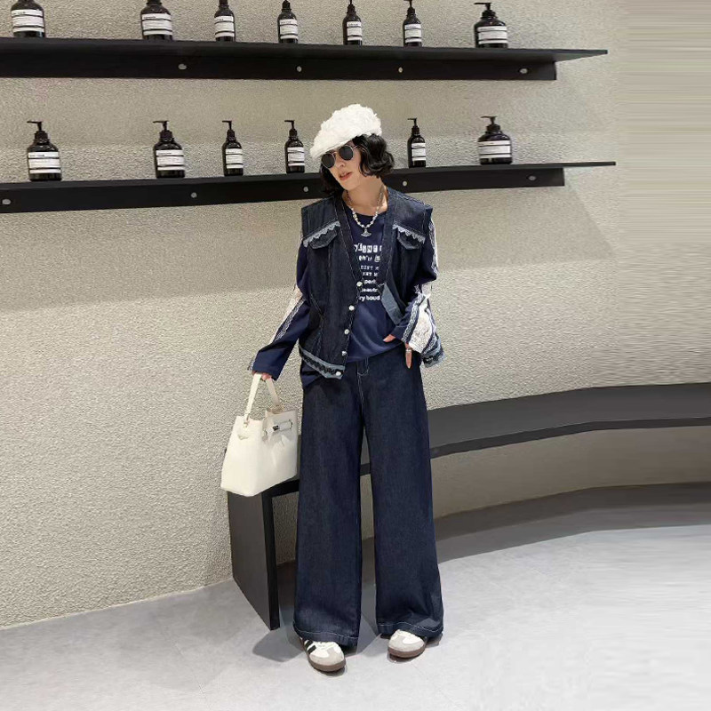 加大码女装V领马甲阔腿长裤牛仔两件套胖妹妹拼色蕾丝条长袖上衣