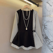 女装 假两件小衫 圆领袖 上衣胖妹妹韩版 大码 通勤个性 摆拼接长袖 时尚