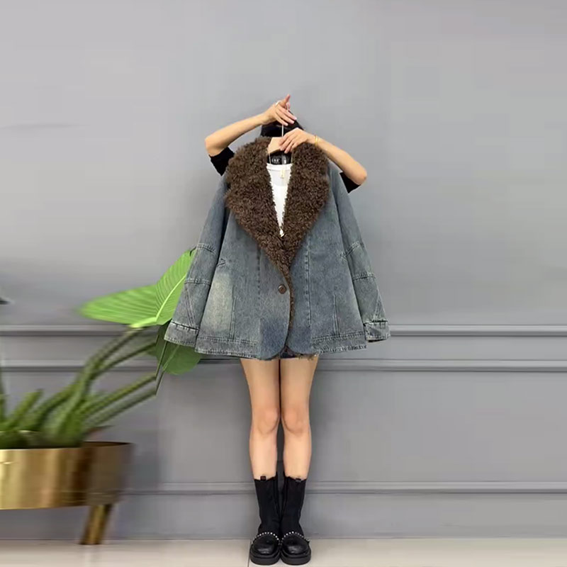 大码女装毛毛翻领长袖牛仔外套