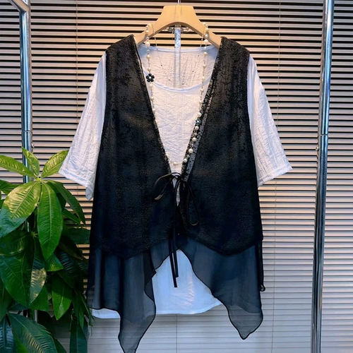 V领欧根纱马甲（两件套短袖T恤衫