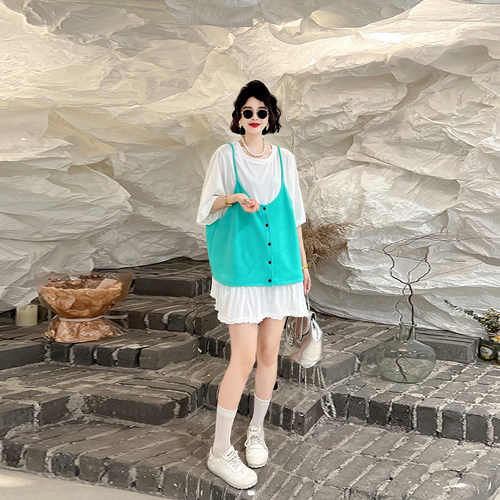 拼色吊带背心假两件上衣-