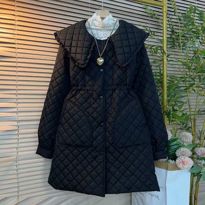 娃娃领荷叶边收腰菱形格加棉外套