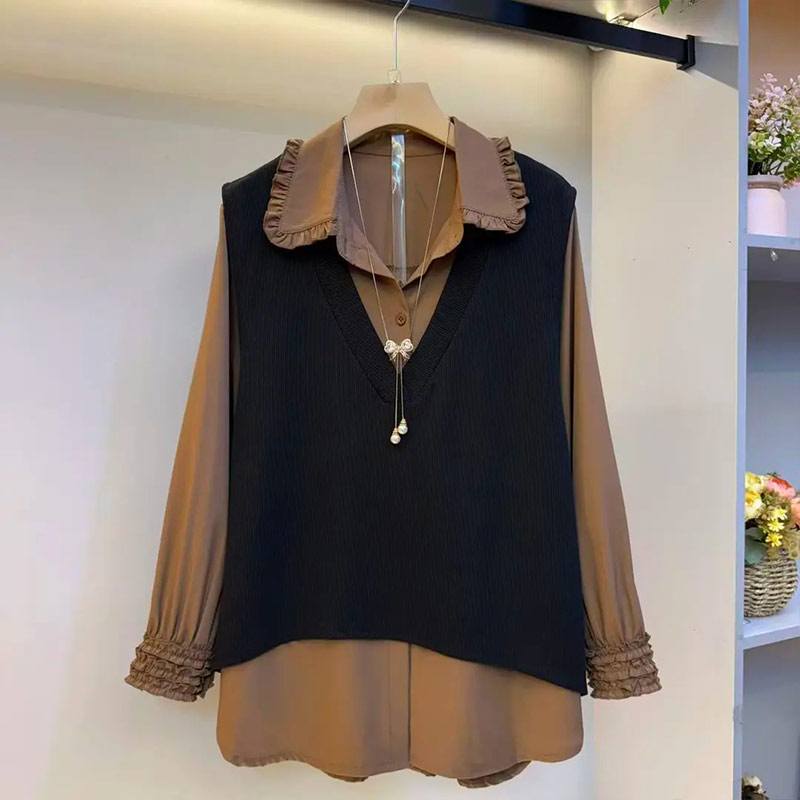 翻领长袖衬衫两件套后背镂空马甲