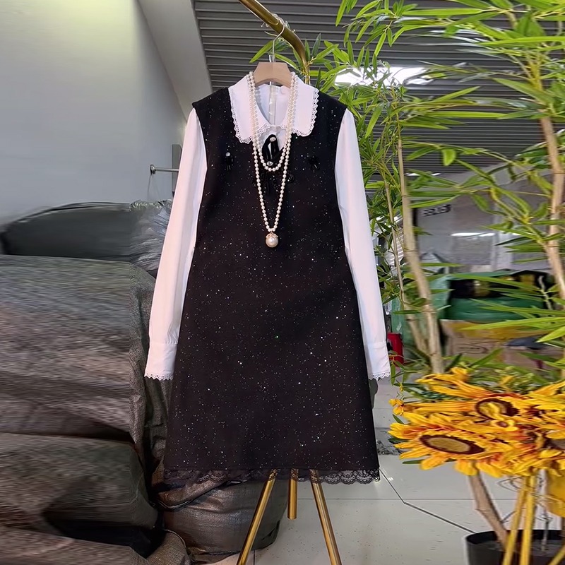 翻领长袖衬衫（两件套）马甲裙