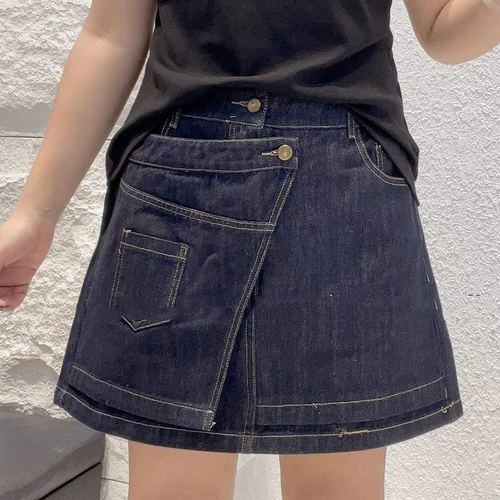 大码女装双兜斜襟牛仔短裙-