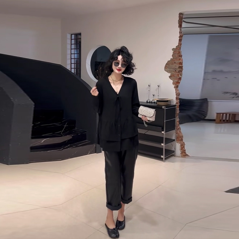 大码女装系带V领长袖上衣