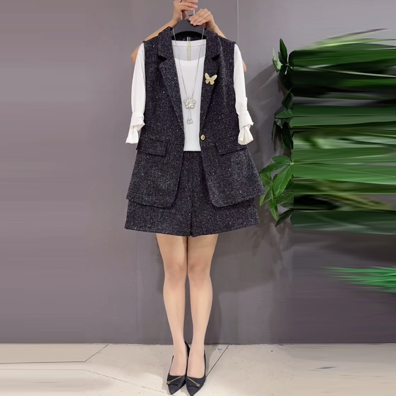 翻领马甲长袖打底衫（三件套短裤