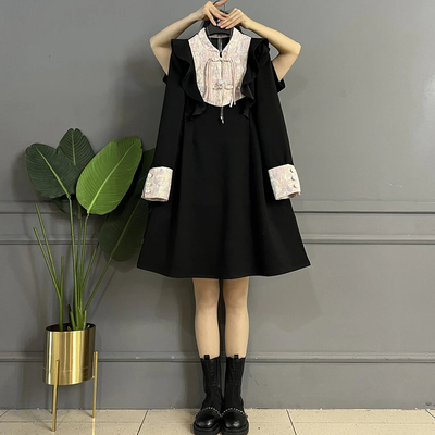 大码立领盘扣撞色连衣裙