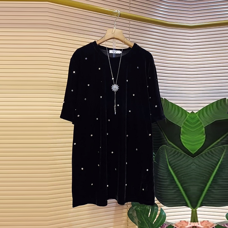 胖妹妹圆领短袖亮钻上衣