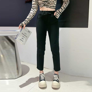 脚九分裤 百搭简约休闲裤 大码 黑色显瘦秋冬款 子 女装 胖MM加肥开叉裤