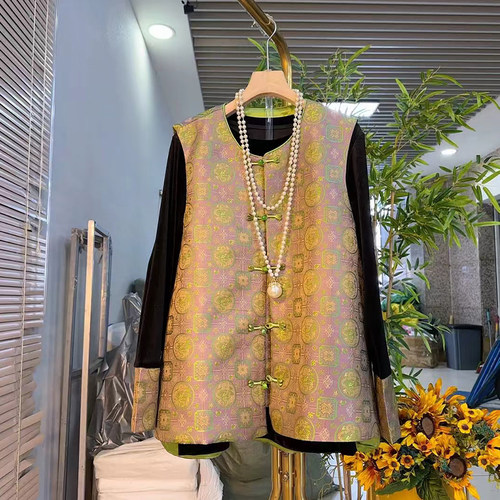 胖妹妹新中式盘扣国风马甲大码女装拼色袖口小衫气质时尚显瘦遮肉