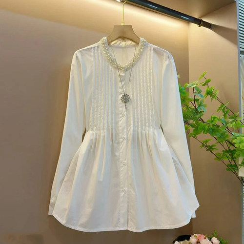 大码女装钉珠立领收腰衬衫