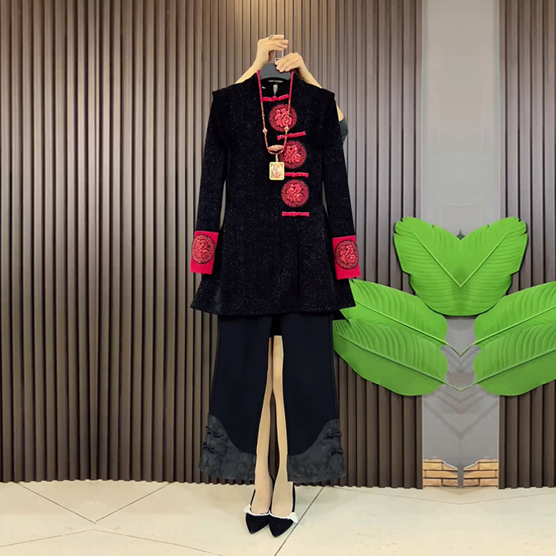 立领盘扣拼色袖口国风上衣裤子