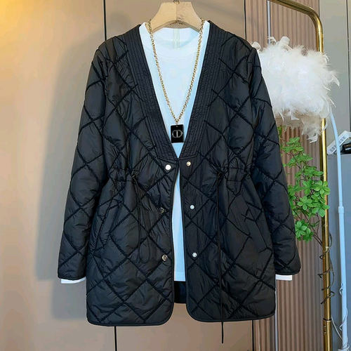 加肥V领收腰抽绳长袖棉服外套