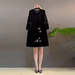 加大码女装圆领斜盘扣刺绣花朵国风连衣裙胖妹妹中长款时尚旗袍裙