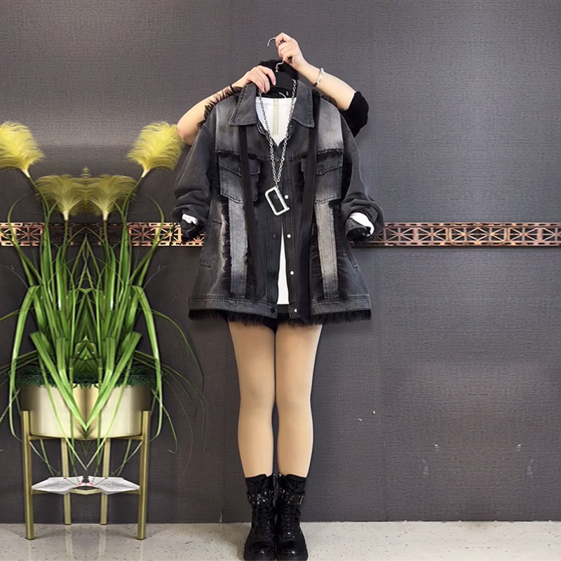 加肥女翻领撞色长袖牛仔上衣欧洲站时尚胖妹妹宽松百搭设计感外套,女装/女士精品,大码内搭,淘宝优惠券,粉丝福利购,淘宝优惠卷