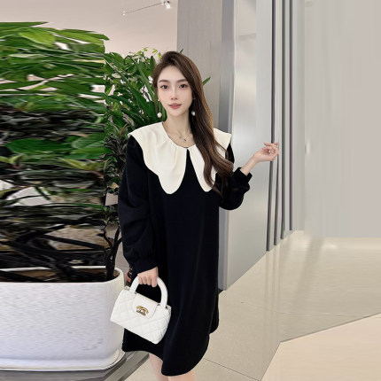 韩版加大码女装拼色娃娃领长袖连衣裙胖妹妹中长款显瘦休闲卫衣裙
