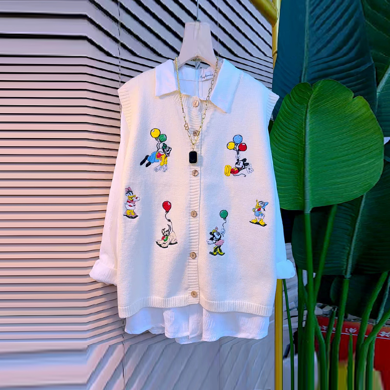 卡通图案针织马甲翻领长袖衬衫