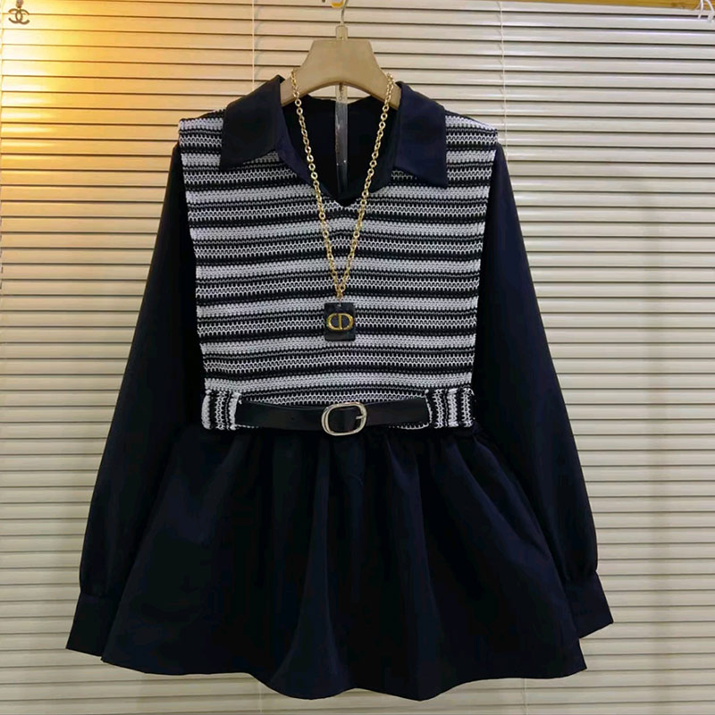 翻领拼接条纹腰带长袖上衣