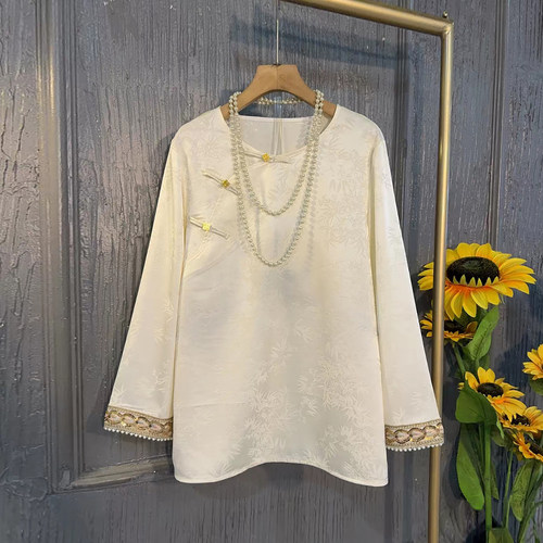 拼色袖口盘扣暗花国风小衫上衣